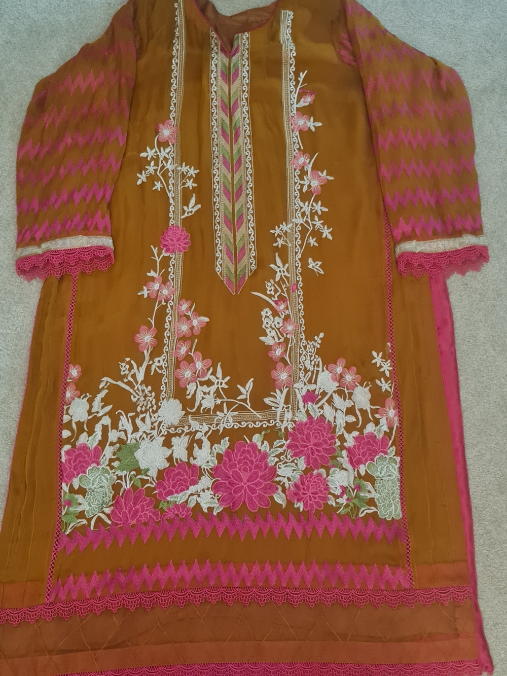 Embroidered Rust/Pink Khaadi Khaas Pure Crinkle Chiffon Shirt With Silk Trouser